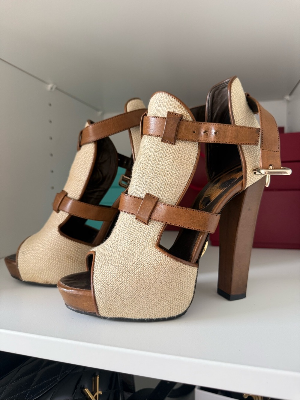 Roberto Cavalli Tan and Cream Platform Peep-Toe Heels